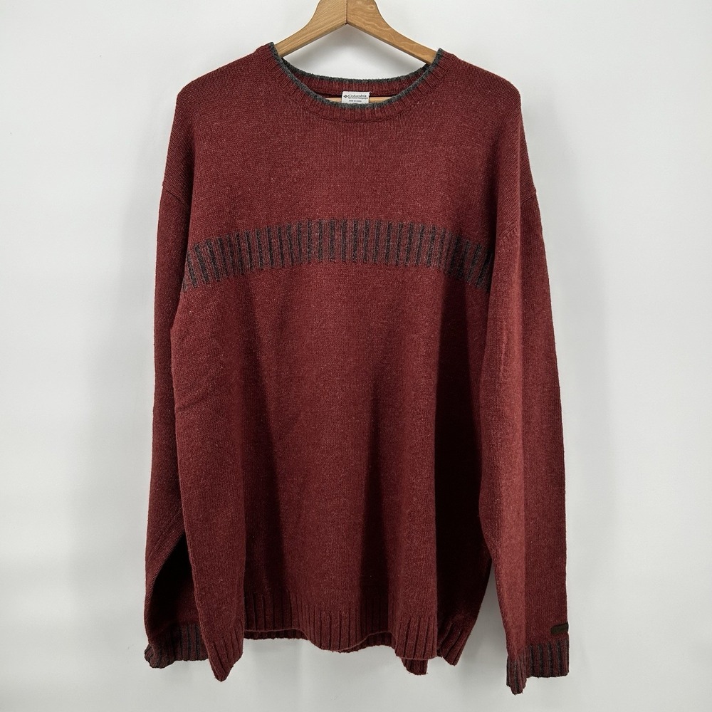 Columbia Sweater Mens XL Burgundy Gray Wool Blend Knit Crewneck Resort Dadcore